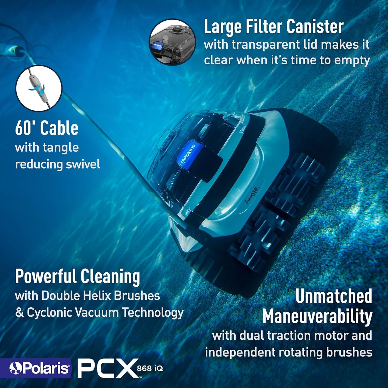 Polaris PCX 868 iQ Smart Robotic Pool Cleaner for In-Ground Pools up to 50ft, Smart App Control, Large Filter Canister, and Easy Lift Removal System