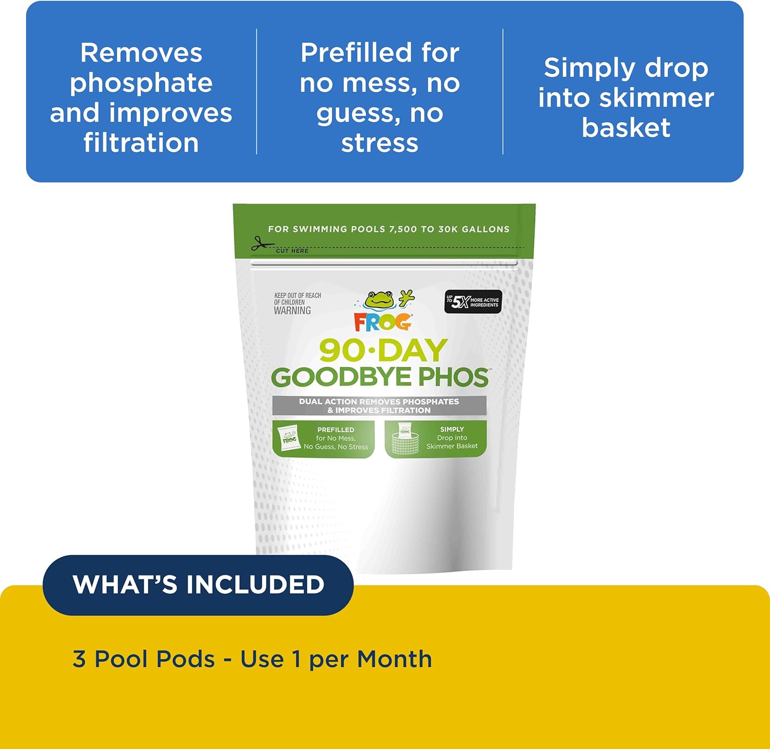 FROG 90-Day Goodbye Phos - Dry Formula Phosphate Remover for Pools up to 30,000 Gallons - Pool Maintenance & Treatment - 3 Pods