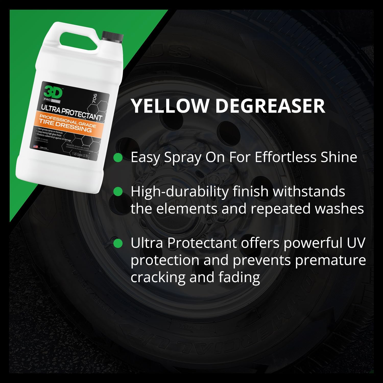 3D Ultra Protectant Tire Shine A water-based, high-gloss dressing with UV protection and a no-sling formula. - 1 Gallon