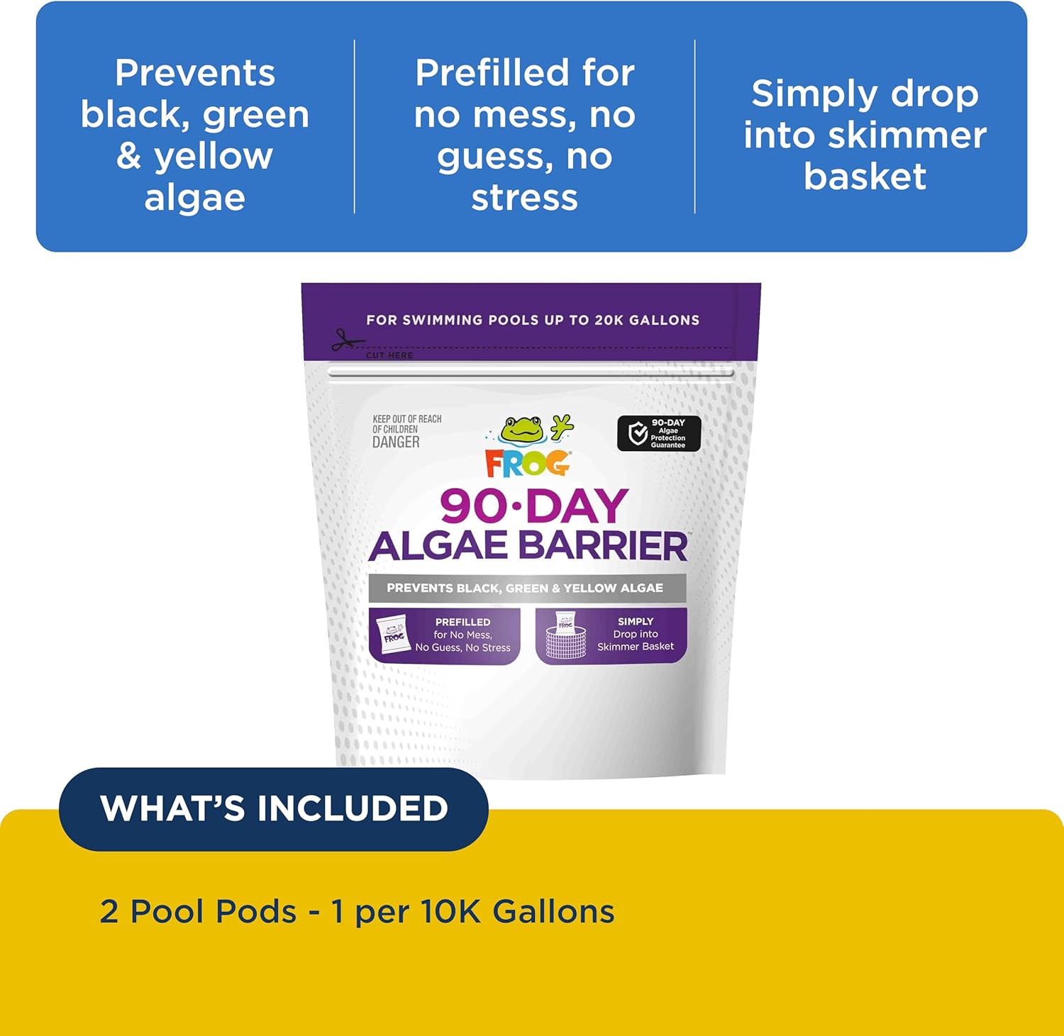FROG 90-Day Algae Barrier - Dry Formula Algaecide Prevents Black, Green and Yellow Algae for Pools up to 20,000 Gallons - Pool Maintenance & Treatment - 2 Pods