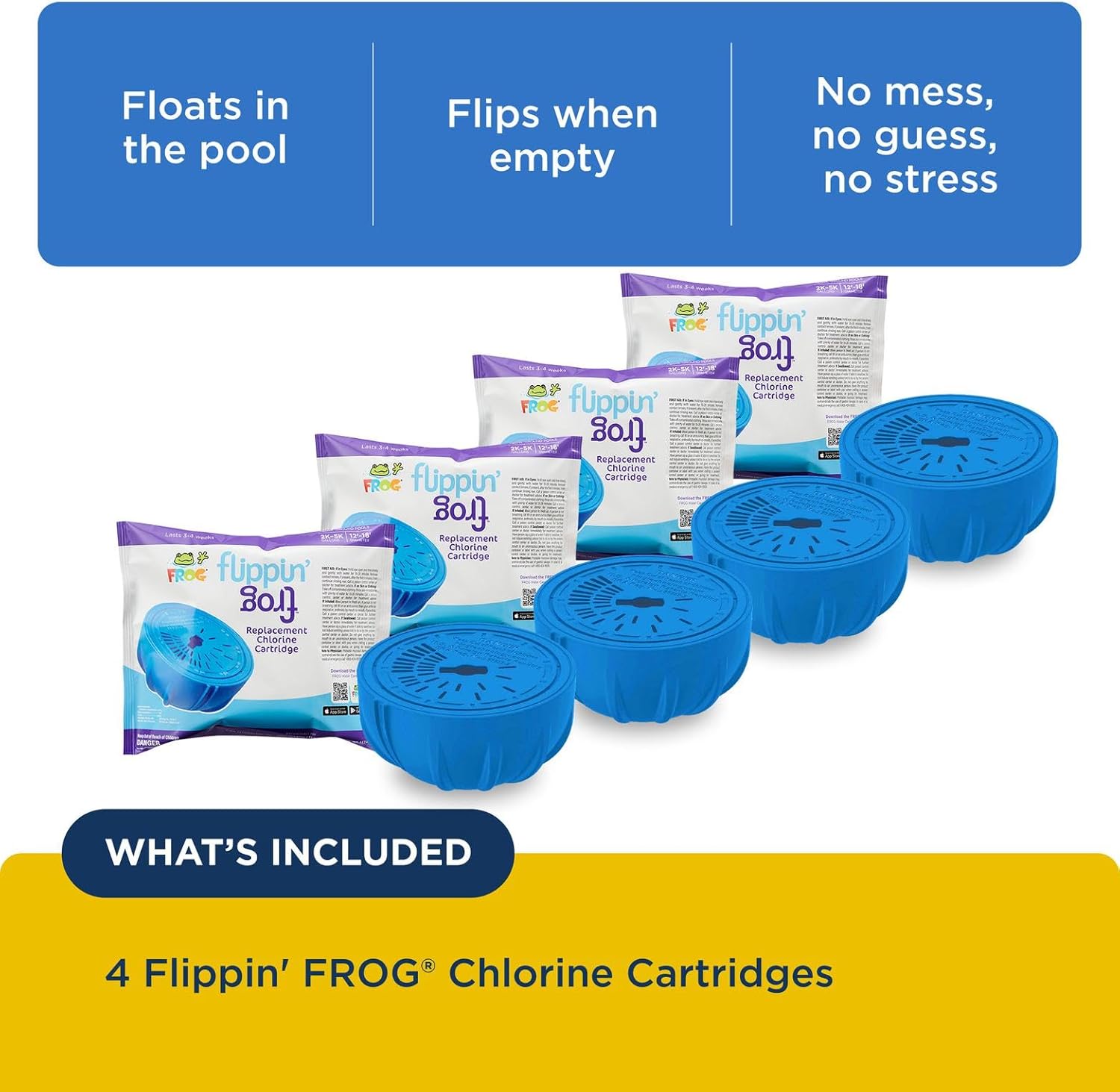 FROG Replacement Chlorine Cartridges for use with Flippin’ FROG Floating Sanitizer System - Prefilled Cartridges Support Easy Pool Maintenance and Cleaner & Clearer Water - 4 Pack