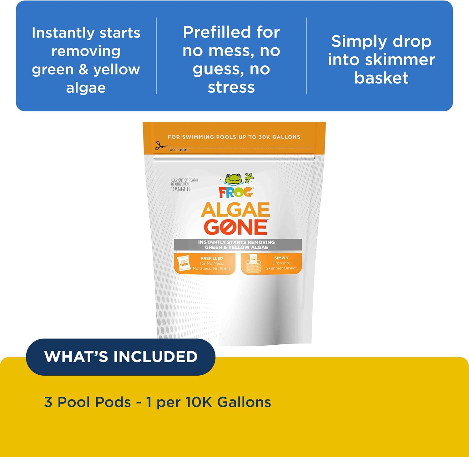 FROG Algae Gone - Dry Formula Algaecide Removes Green and Yellow Algae for Pools up to 30,000 Gallons - Pool Maintenance & Treatment - 3 Pods