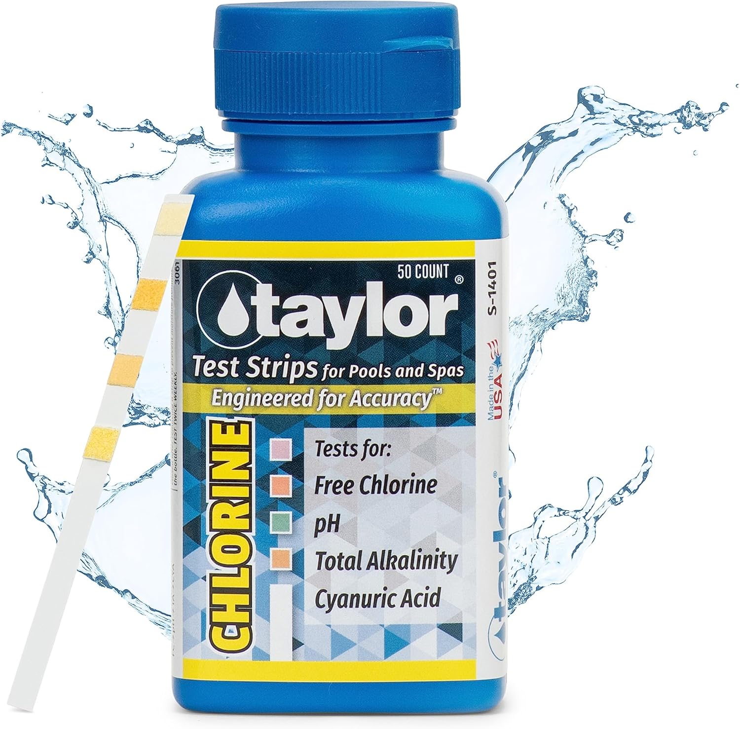 Taylor S-1401, 4-in-1 Pool and Spa Test Strips for Free Chlorine, pH, Total Alkalinity, & Cyanuric Acid, 50 Test Strips, Quick & Easy Water Testing | Made in The USA