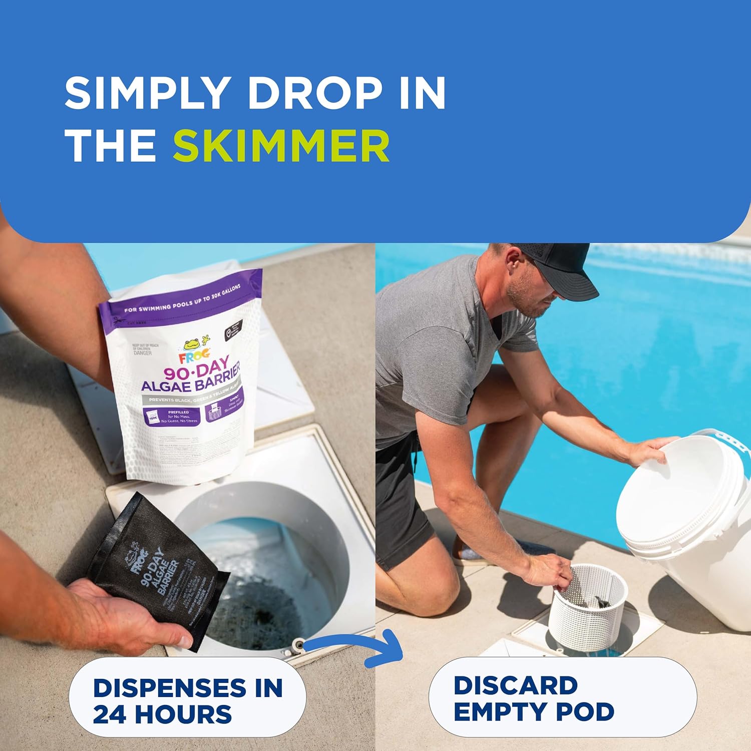 FROG 90-Day Algae Barrier - Dry Formula Algaecide Prevents Black, Green and Yellow Algae for Pools up to 20,000 Gallons - Pool Maintenance & Treatment - 2 Pods