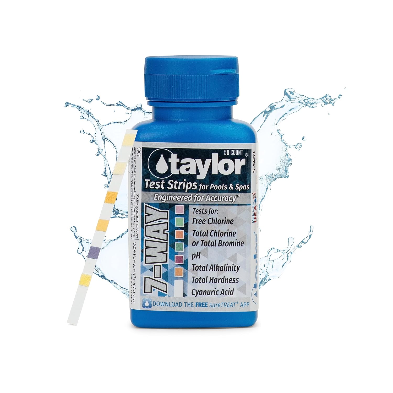 Taylor S-1403, Pool and Spa Test Strips for Free/Total Chlorine, Bromine, pH, Total Alkalinity, Total Hardness & Cyanuric Acid, 50 Test Strips, sureTREAT™ App | Made in The USA