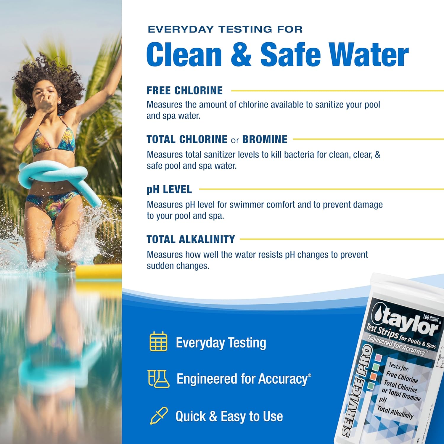 Taylor S-1451 Service Pro Test Strips for Free Chlorine, Total Chlorine/Bromine, pH, & Total Alkalinity, 100 Test Strips, Quick and Easy to use Made in The USA