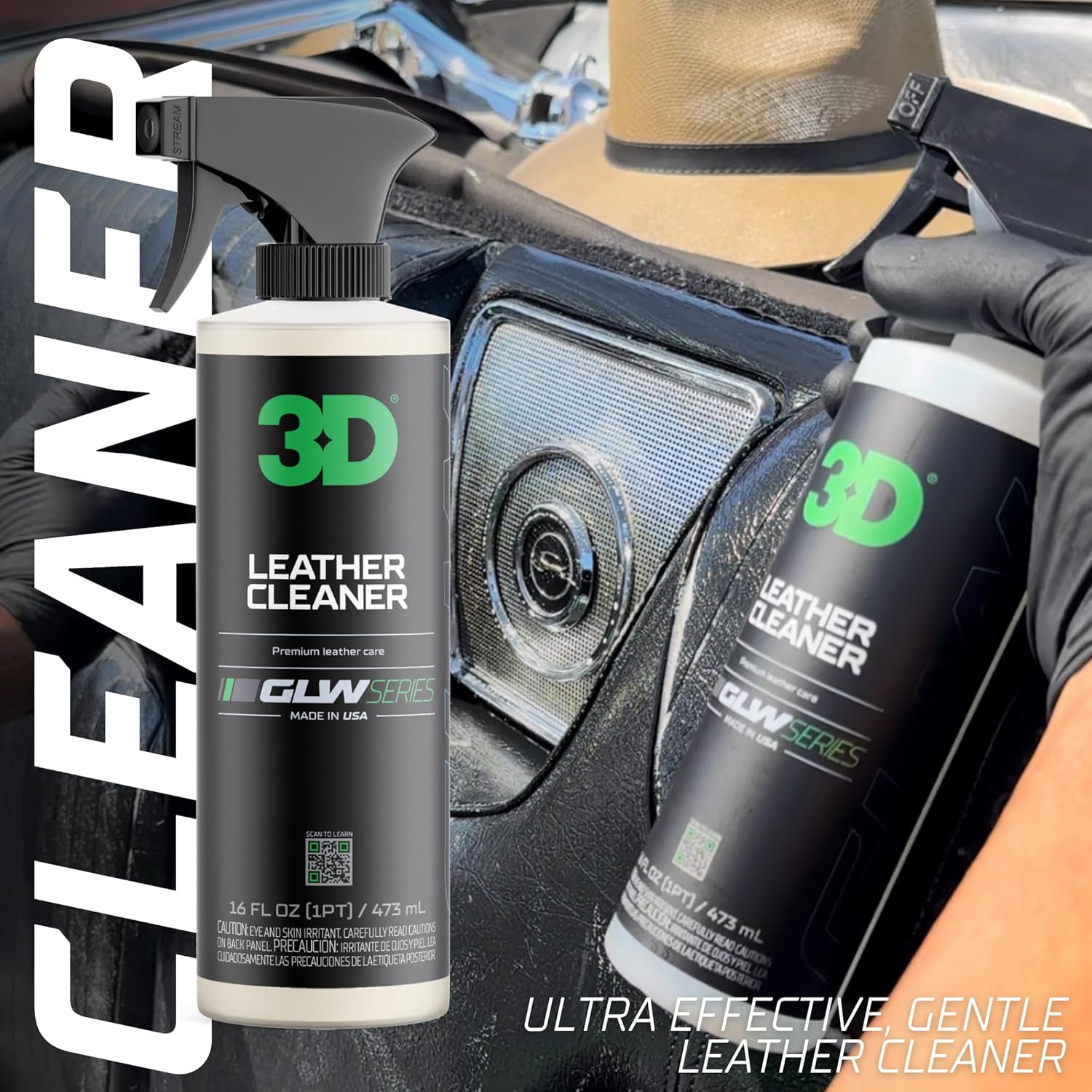 3D Leather Cleaner A deep-cleaning formula that safely removes dirt, grease, and oils from car interiors and leather goods. - 64oz