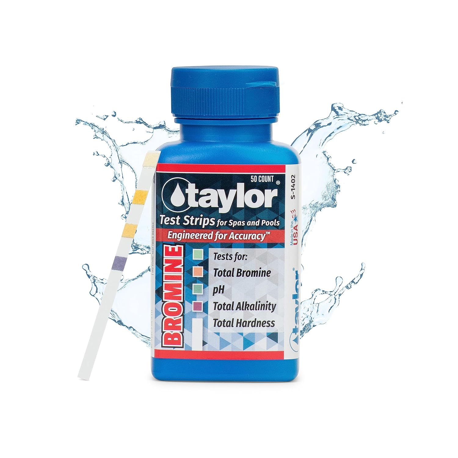 Taylor S-1402, 4-in-1 Pool and Spa Test Strips for Bromine, pH, Total Alkalinity & Total Hardness, 50 Test Strips, Quick & Easy Water Testing | Made in The USA