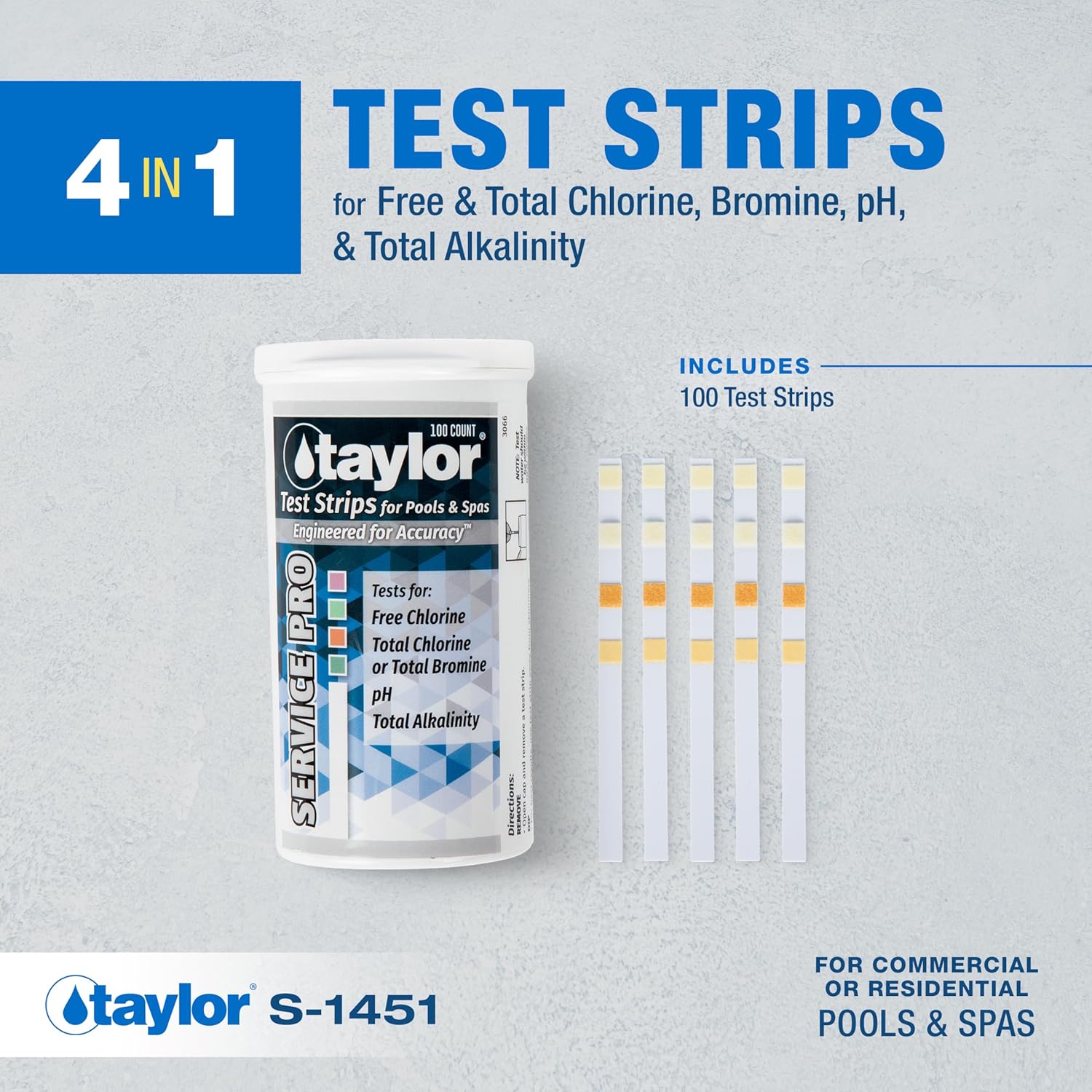 Taylor S-1451 Service Pro Test Strips for Free Chlorine, Total Chlorine/Bromine, pH, & Total Alkalinity, 100 Test Strips, Quick and Easy to use Made in The USA