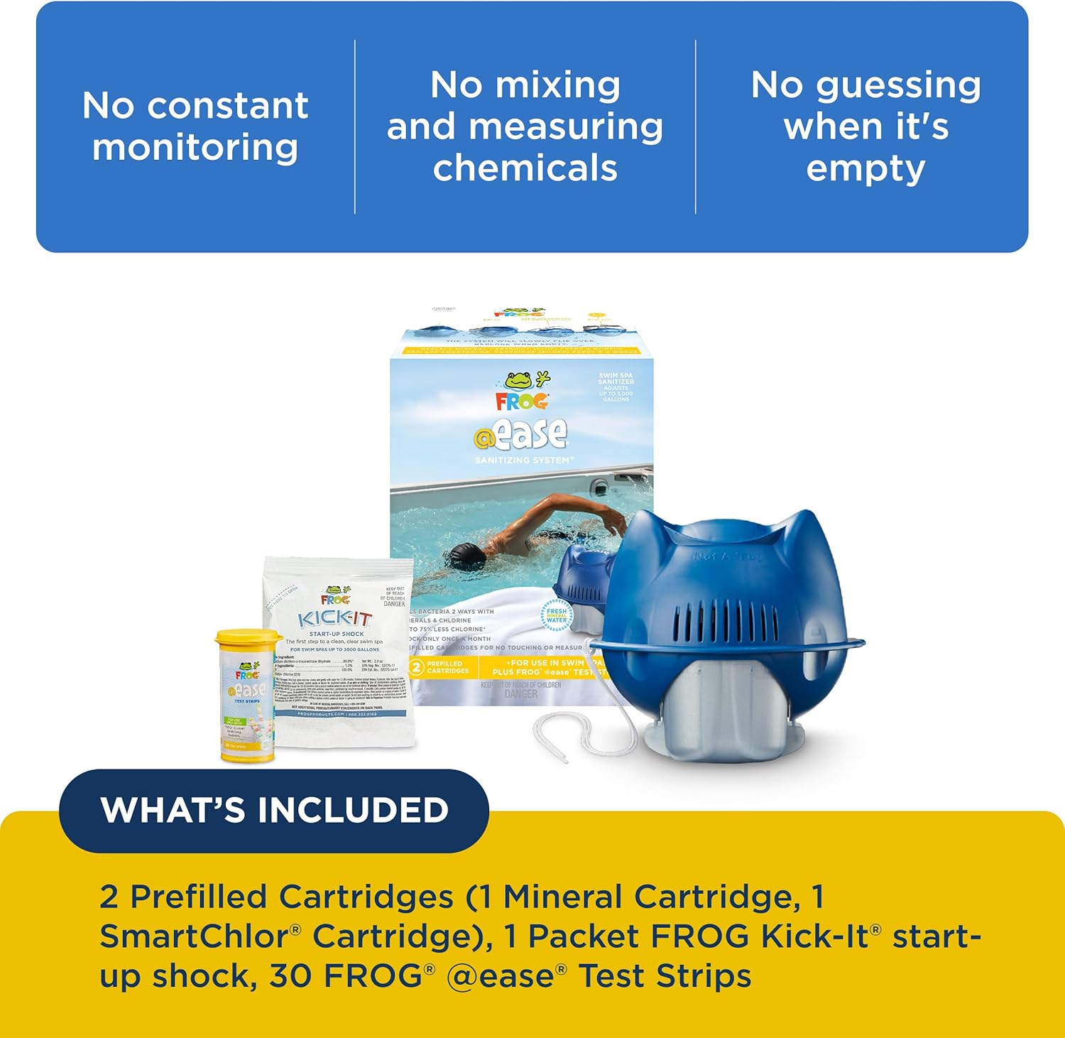 FROG @Ease Floating System for Swim Spas with 1 Pack of FROG Kick-It - Quick & Easy Self-Regulating Swim Spa Sanitizer - Swim Spa Maintenance System with Sanitizing Minerals & SmartChlor Technology