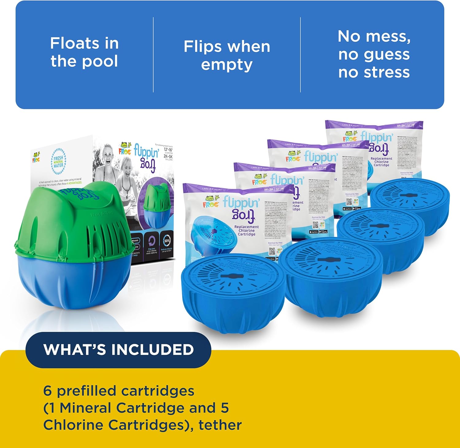 Flippin’ FROG Floating Sanitizer System for Pools 2,000 to 5,000 Gallons with 4 Replacement Chlorine Cartridges - Prefilled Floater with Sanitizing Minerals and Chlorine