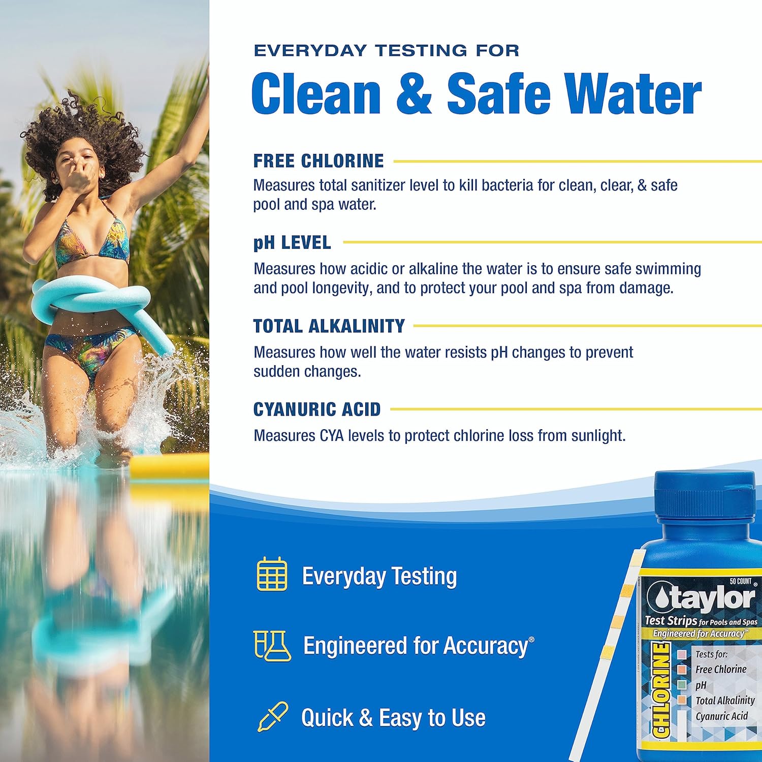 Taylor S-1401, 4-in-1 Pool and Spa Test Strips for Free Chlorine, pH, Total Alkalinity, & Cyanuric Acid, 50 Test Strips, Quick & Easy Water Testing | Made in The USA
