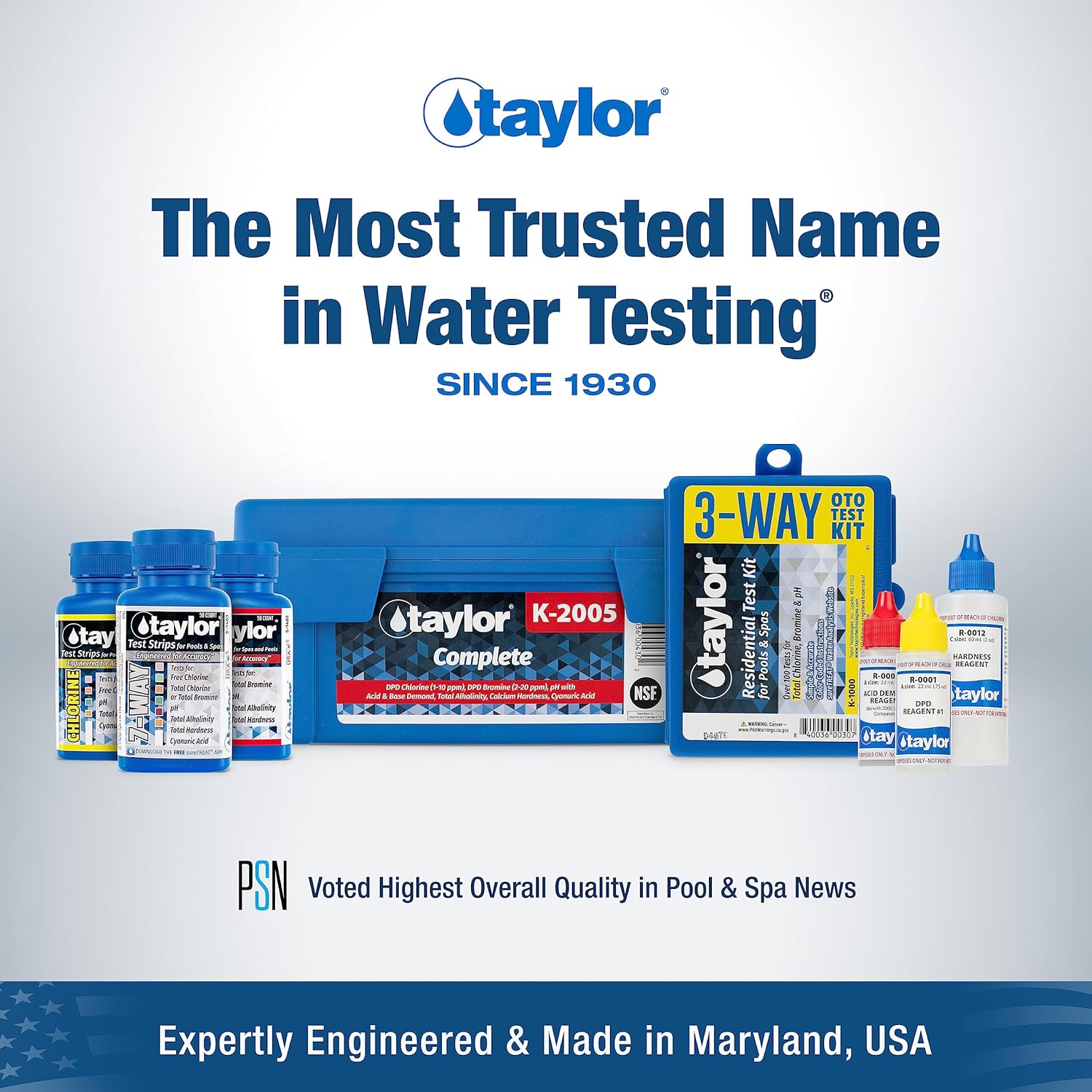 Taylor S-1402, 4-in-1 Pool and Spa Test Strips for Bromine, pH, Total Alkalinity & Total Hardness, 50 Test Strips, Quick & Easy Water Testing | Made in The USA