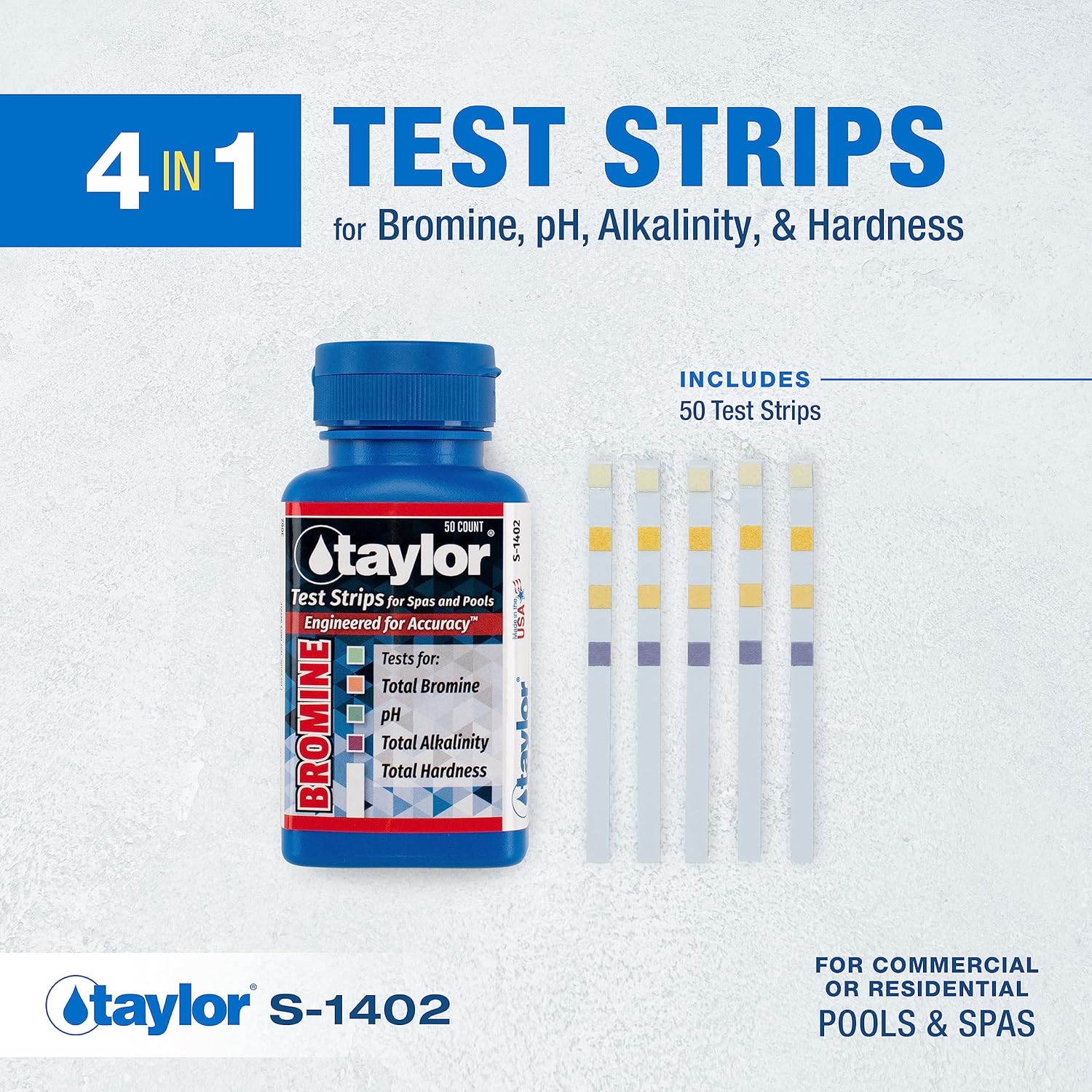 Taylor S-1402, 4-in-1 Pool and Spa Test Strips for Bromine, pH, Total Alkalinity & Total Hardness, 50 Test Strips, Quick & Easy Water Testing | Made in The USA