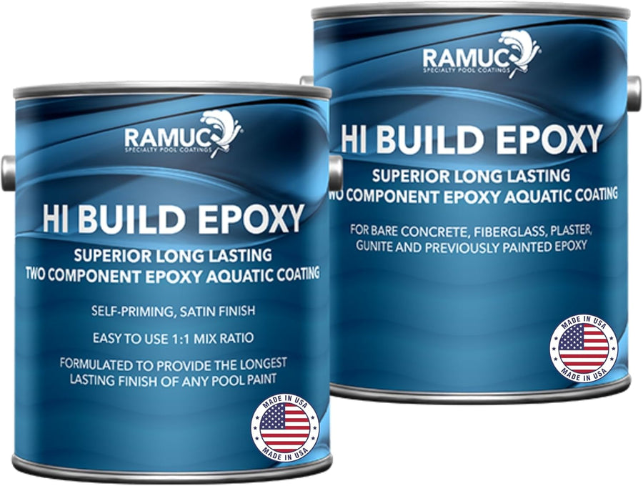 RAMUC Hi-Build Epoxy Pool Paint – Satin Finish – 2 Gallon Kit (Two-Part Epoxy Coating) | High-Build, Durable Protection for Concrete & Plaster Pools | Long-Lasting Water-Resistant Surface (White)