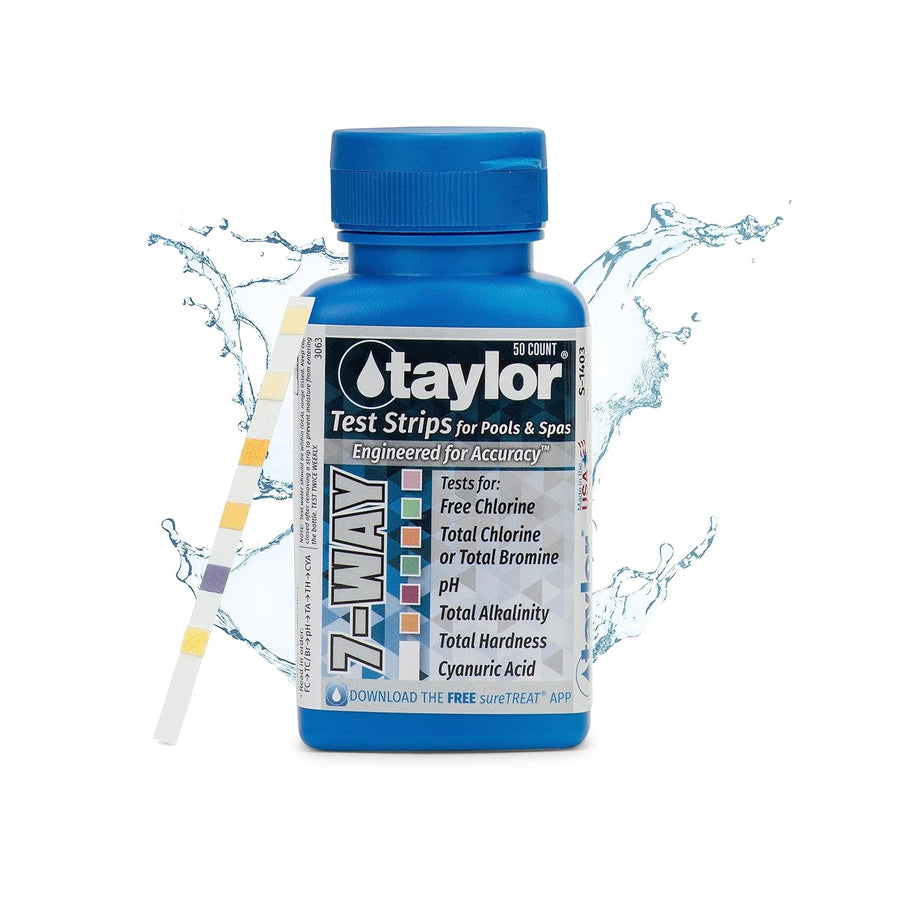 Taylor S-1403, Pool and Spa Test Strips for Free/Total Chlorine, Bromine, pH, Total Alkalinity, Total Hardness & Cyanuric Acid, 50 Test Strips, sureTREAT™ App | Made in The USA