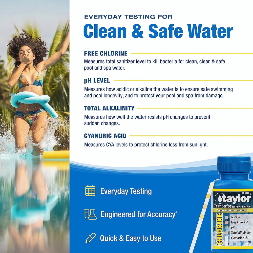 Taylor S-1401, 4-in-1 Pool and Spa Test Strips for Free Chlorine, pH, Total Alkalinity, & Cyanuric Acid, 50 Test Strips, Quick & Easy Water Testing | Made in The USA