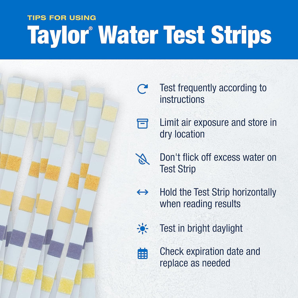 Taylor S-1403, Pool and Spa Test Strips for Free/Total Chlorine, Bromine, pH, Total Alkalinity, Total Hardness & Cyanuric Acid, 50 Test Strips, sureTREAT™ App | Made in The USA