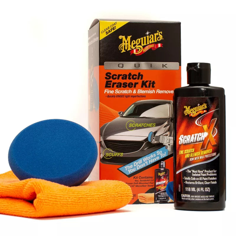 Meguiars Quik Scratch Eraser Kit with ScratchX (4 oz.), Drill-Mounted Pad and Microfiber Towels